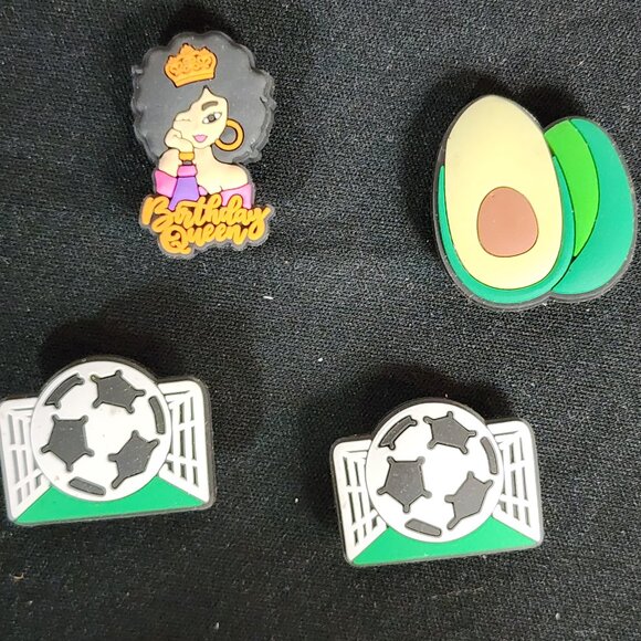 Asst. 4pc Avocado Birthday Queen and Two Soccer Ball and Net Croc Shoe Charms - Picture 1 of 16